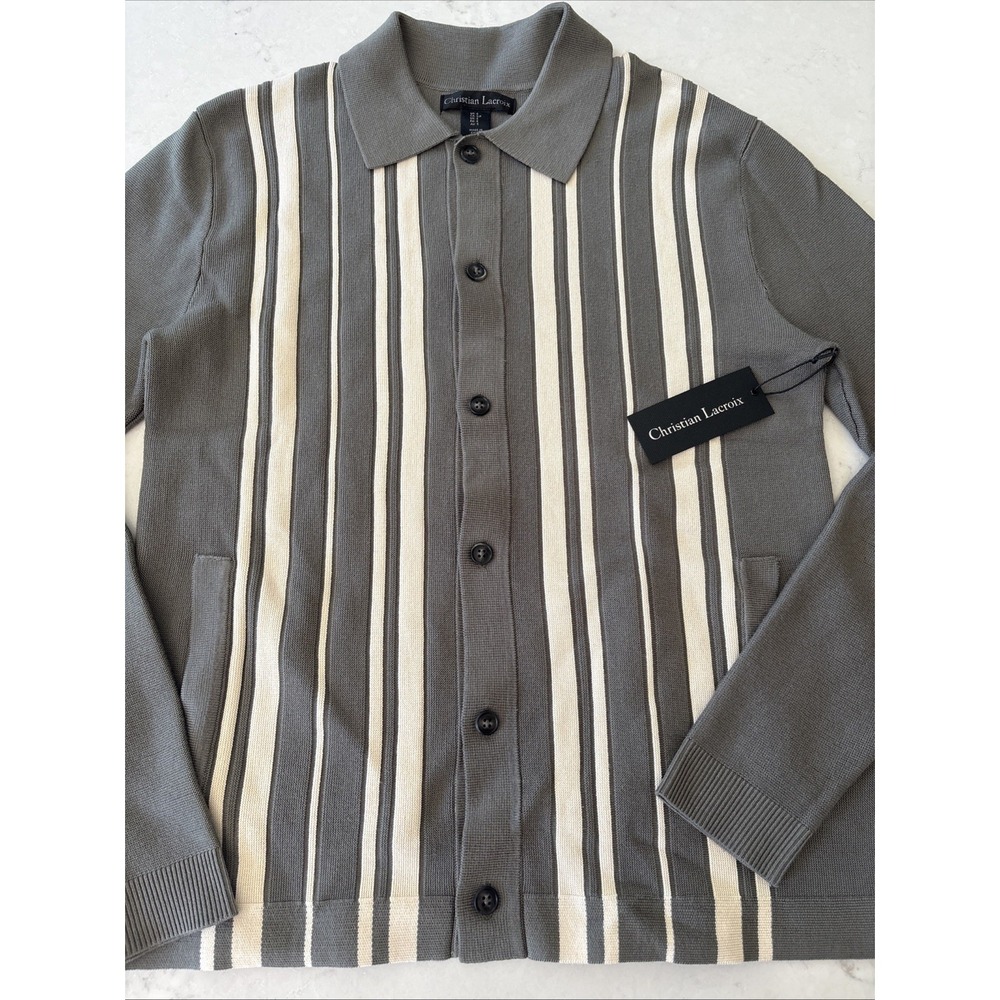 Christian Lacroix Striped Button-Front Knit‎ Cardigan Sweater Mens S Olive Cream